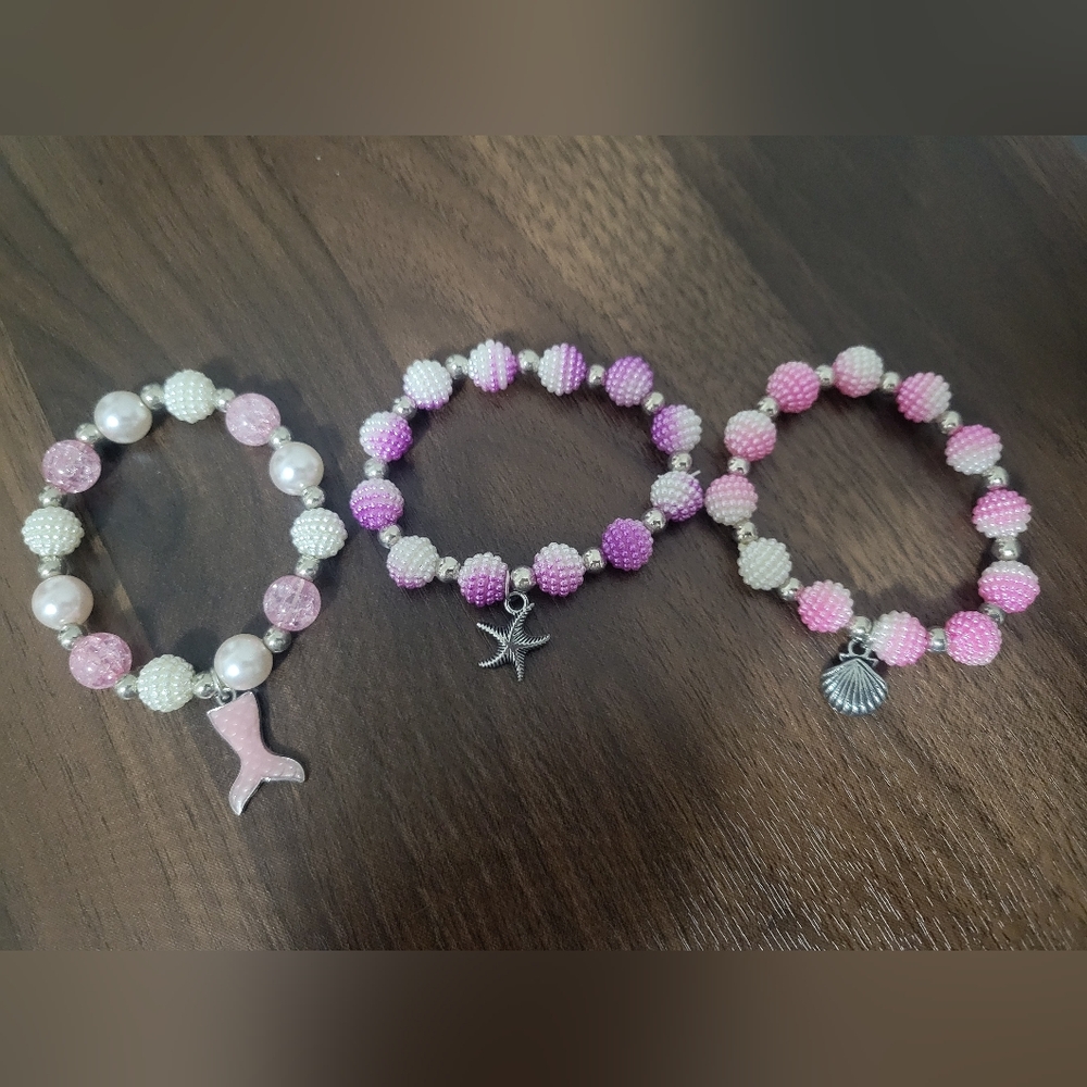 Pink, Purple And White Beaded Kids Bracelets Set Of 3